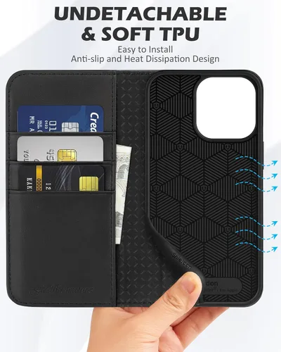 Vista 8 de SHIELDON Funda para iPhone 13 Pro 5G, funda de piel auténtica tipo cartera con bloqueo RFID, tarjetero de crédito, soporte magnético a prueba