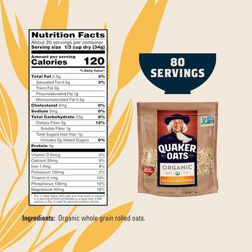 Vista 2 de Avena Quaker Old Fashioned Rolled, USDA orgánica, Non GMO Project Verified (verificada como alimento no transgénico), bolsas resellables de 24 onzas