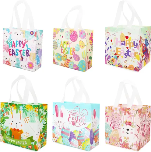 Vista 8 de Aviski 12 bolsas de caza de huevos de Pascua de varios tamaños, bolsa de regalo de huevos de gallina de zanahoria con asas, bolsas de regalo