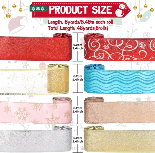 Vista 2 de Modacraft 8 rollos de cinta de Navidad con borde con alambre de 48 yardas, cinta con alambre de 2.4 pulgadas con purpurina de 2.4 pulgadas, cinta