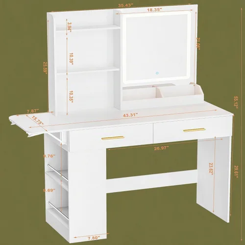 Vista 9 de Escritorio de tocador con espejo y luces, mesa de maquillaje de 43.31 pulgadas con 4 cajones, escritorio extra plegable con 3 estantes abiertos