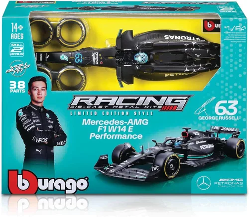 Vista 2 de Bburago 1:24 2023 Race Mercedes W14 Modelo Kit con casco, Russell #63