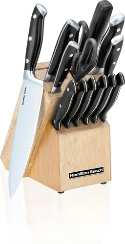 Vista 4 de Hamilton Beach Juego de cuchillos de cocina de 14 piezas con bloque de madera, asas blancas modernas, acero inoxidable afilado, chef, Santoku Blanco