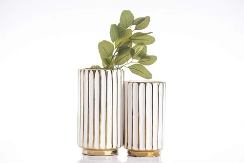 Vista 5 de Jarrón blanco y dorado, elegante decoración del hogar, florero de flores, centro de mesa de cocina, crestas geométricas, parte inferior biselada