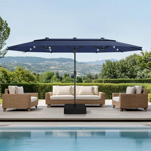 Vista 17 de PHI VILLA Sombrilla de patio grande de 15 pies con base y luces solares, paraguas rectangular de doble cara para exteriores con 36 luces LED, Beige