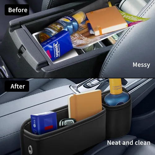 Vista 6 de Portavasos de cuero para automóvil, 2 piezas, relleno de huecos para asiento de automóvil con portavasos para tazas, gafas, tarjeta y llave Negro