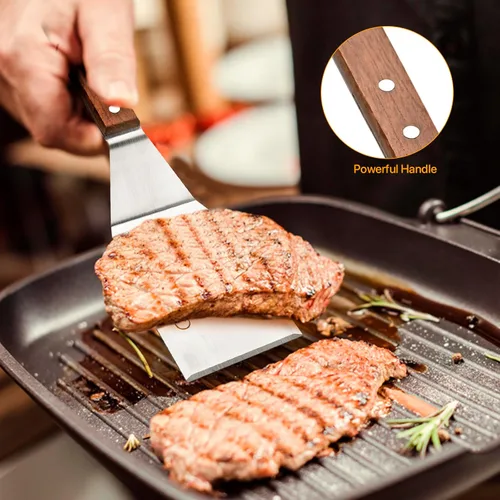Vista 5 de Espátula de acero inoxidable para sartén de hierro fundido, espátula para parrilla con mango de madera, tortitas de metal resistente