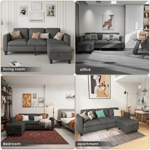 Vista 6 de Sofá modular para sala de estar, sofá en forma de L, pequeño modular de 3 asientos, cómodo lino con almacenamiento de asiento profundo, fundas