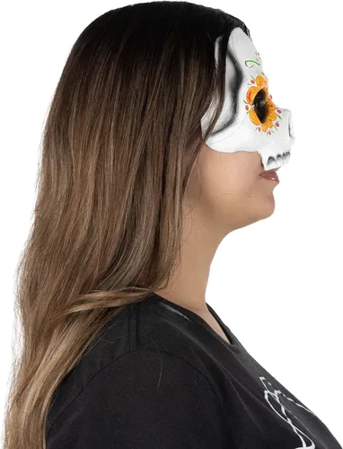 Vista 2 de Ghoulish Productions Máscara Huesudita. Máscara de látex Catrina con flores, media máscara de látex para adultos, talla única. Día de la línea