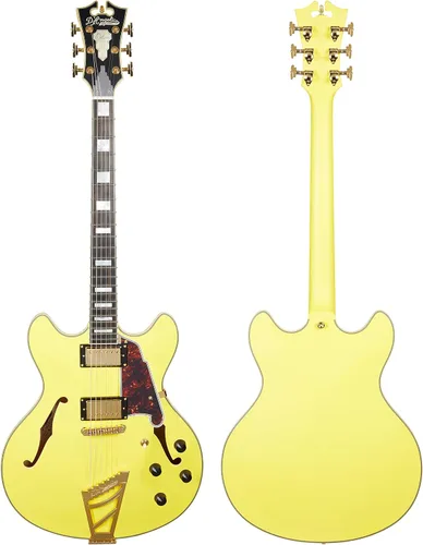 Vista 4 de D'Angelico Guitarra eléctrica semihueca de lujo DC con pieza de cola de escalera, color amarillo eléctrico mate