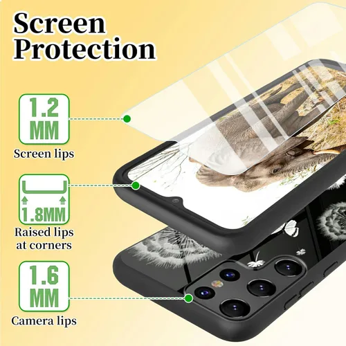 Vista 2 de Funda para teléfono Samsung Galaxy S23 Ultra con protector de pantalla de vidrio templado delgado, cubierta negra, diseño elegante de diente de león