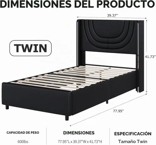 Vista 2 de REVOMINCA Base de cama individual con luces LED, plataforma tapizada de piel sintética con cabecera de ala plateada, estilo moderno, no necesita