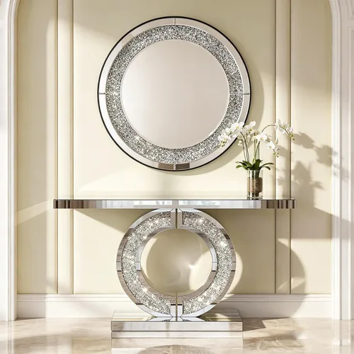 Vista 26 de SSLine Mesa de consola negra con espejo para sala de estar, mesa de entrada moderna de espejo de 43 pulgadas con base de cristal en forma de O