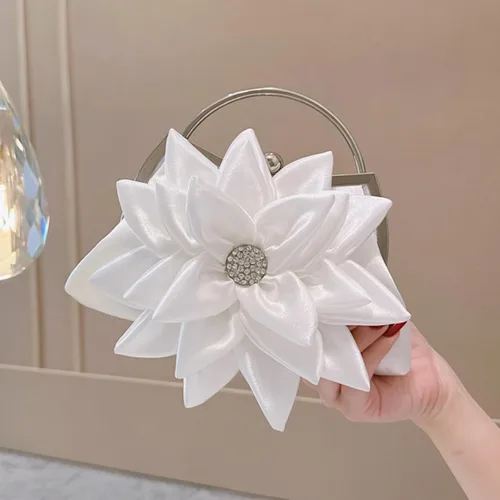 Vista 2 de Elegante bolso de noche floral para mujer, bolso de embrague nupcial de boda con diamantes de imitación, bolso de flores de satén para dama