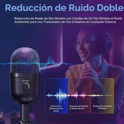 Vista 5 de Micrófono USB para PC – Micrófono para juegos de computadora con iluminación RGB para PS 4 y 5, mezcla de audio dual, silencio, salida