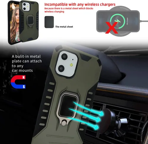 Vista 4 de MODOS LOGICOS Funda para iPhone 11, funda protectora de doble capa a prueba de golpes con soporte de anillo giratorio de metal 360 integrado, Verde