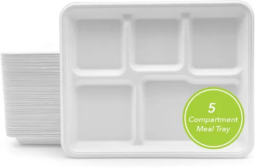 Vista 10 de three leaf platos redondos de bagazo de 10 pulgadas con 3 compartimentos, 25 unidades. Platos de bagazo desechables, 100 % biodegradables