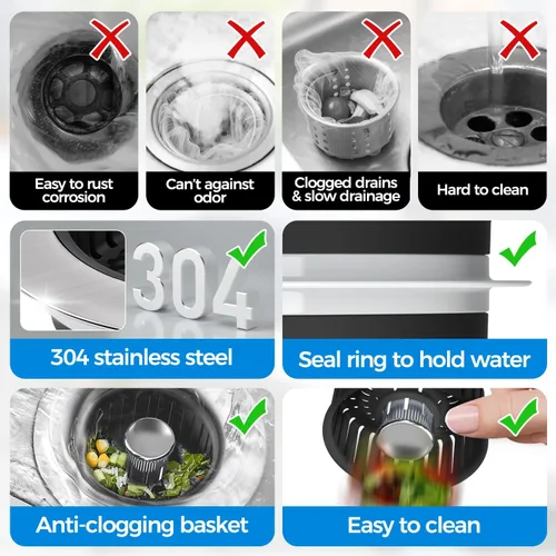 Vista 7 de zaa Colador de drenaje para fregadero, tapón 3 en 1 para fregadero de cocina, tapón de drenaje de cocina de acero inoxidable y cubierta con colador