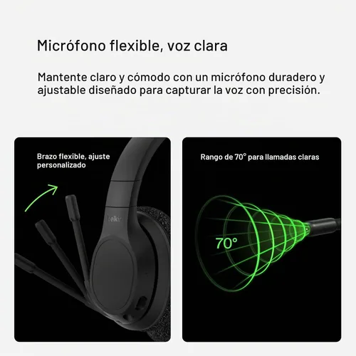 Vista 4 de Belkin Auriculares inalámbricos SoundForm Adapt, micrófono Boom, batería 45H Auriculares sobre la oreja, diseño plegable, USB-C y opción con cable