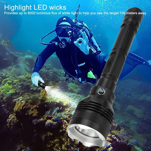 Vista 2 de Luz de buceo, linterna de buceo súper brillante de 8000 lúmenes, luz de buceo compacta con 3 modos, linterna sumergible IPX8, para buceo submarino