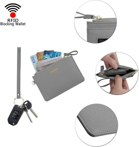 Vista 5 de Aiyo Nice Funda delgada para tarjetas RFID para mujer, cartera con cremallera, cartera de piel pequeña, monedero con llavero
