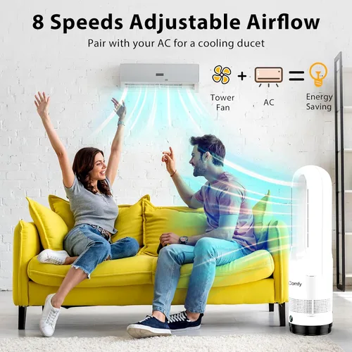 Vista 3 de Ventilador de torre sin aspas para dormitorio, calentador de espacio de 22 pulgadas y 1400 W y ventilador de enfriador de 40 W con control remoto