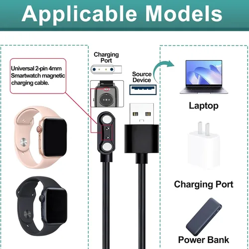 Vista 3 de 2 cargadores universales de reloj inteligente, cable de carga USB magnético de 2 pines de 0.157 in, cable de carga de repuesto universal para reloj