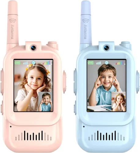 Vista 2 de Walkie Talkies de video para niños, paquete de 2 walkie talkies recargables para niños, largo alcance, ideal para juegos familiares, exteriores