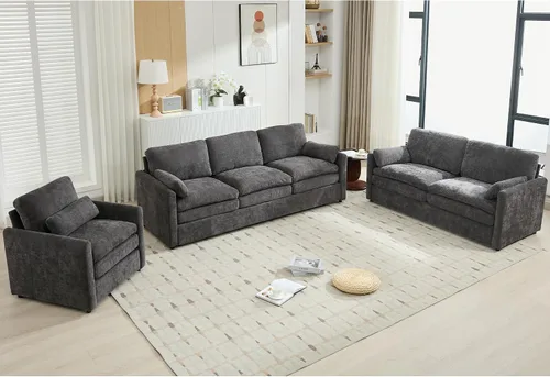 Vista 2 de P PURLOVE Juego de sofá tapizado de 3 piezas, cojín doble para sala de estar, oficina en casa (gris)