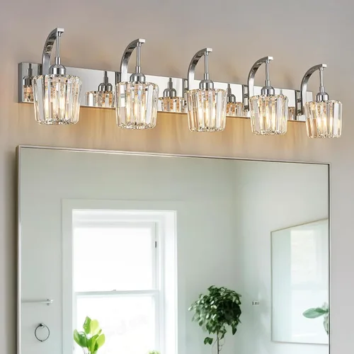 Vista 27 de Luces de tocador de cristal de 3 luces negras para tocador de baño, modernas lámparas de baño de cristal sobre espejo de 23.62 pulgadas de largo