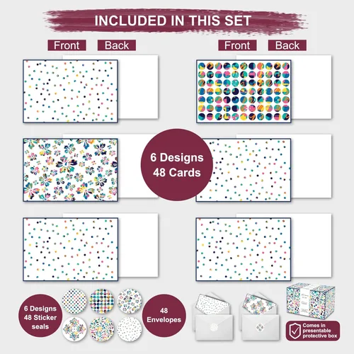 Vista 3 de smart scribbles Juego de tarjetas de felicitación, 48 tarjetas en blanco con sobres y calcomanías, 6 diseños para todas las ocasiones, caja