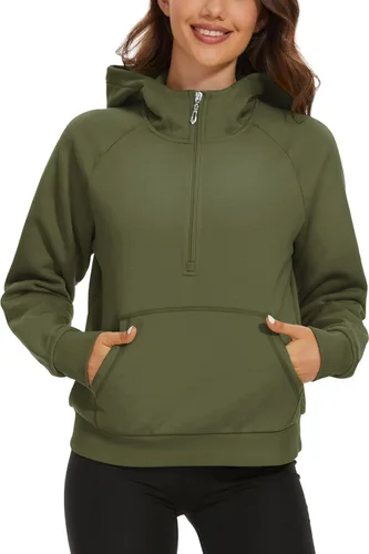 Vista 2 de MAGCOMSEN Sudaderas con capucha para mujer, con forro polar, cremallera de 12, manga larga, con bolsillo tipo canguro