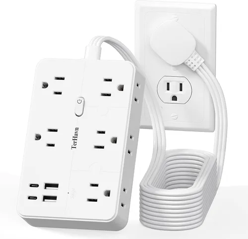 Vista 9 de Cable de extensión plano de 1 pie con protector de sobretensiones, 10 salidas de CA y 4 puertos USB (5V/3.4A 17W), 1080J, estación de carga