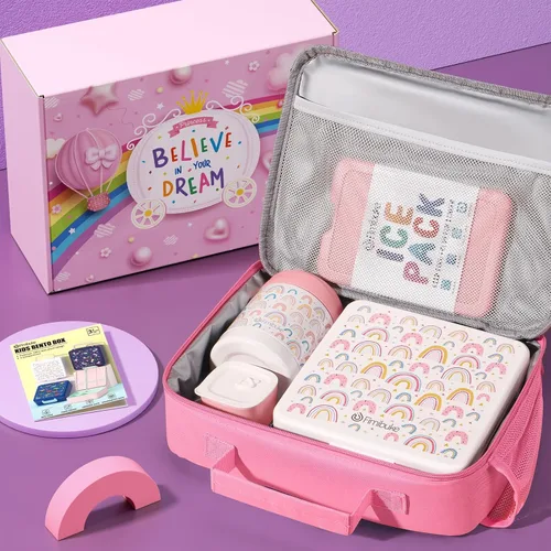 Vista 3 de Fimibuke Lonchera Bento para niños con 4 compartimentos, bolsa de almuerzo aislada, tarro térmico de acero inoxidable al vacío, paquete de hielo