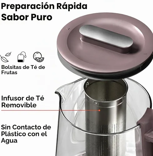 Vista 3 de Hervidor eléctrico de vidrio caliente de titanio de 1500 W con infusor y control de temperatura, hervidor de té de 1.5 L de ebullición rápida Marrón