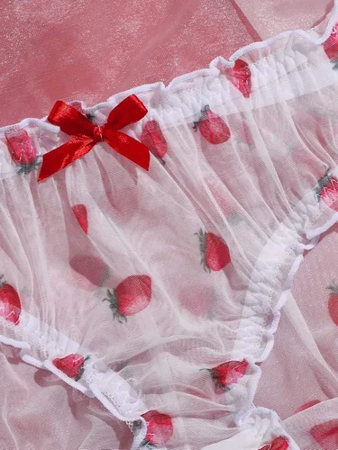 Vista 3 de SOLY HUX Lencería sexy para mujer, talla grande, brasier de malla de fresa y bragas, lencería de regalo de San Valentín para mujer, Blanco