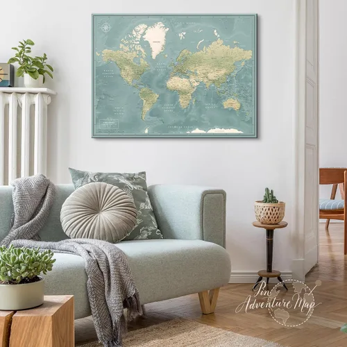 Vista 2 de Push Pin World Travel Map en lienzo: sigue tus aventuras y planifica viajes futuros, arte de pared grande para el hogar, la oficina y regalo