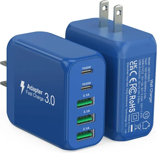 Vista 11 de Paquete de 2 Bloques Cargadores de Pared USB C, 60W Bloque de Carga Rápida C de 5 Puertos Adaptador de Corriente PD + QC 3.0 Cargador Cubo