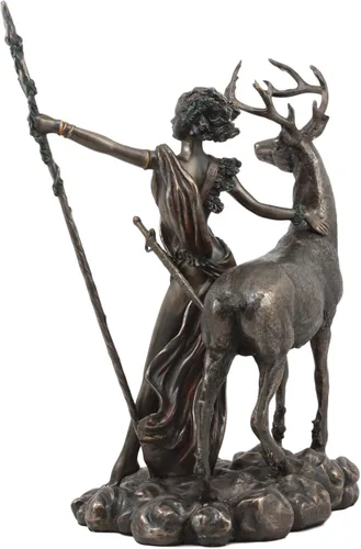 Vista 4 de Ebros Diosa griega romana de la caza Luna y naturaleza Diana con estatua de ciervo Artemisa La cazadora escultura 11.5 pulgadas de alto