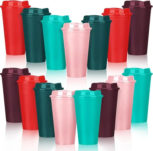 Vista 13 de Domensi Paquete de 15 tazas de café reutilizables con tapas, vasos de viaje desechables de 16 onzas, vasos de plástico a granel para llevar, vasos