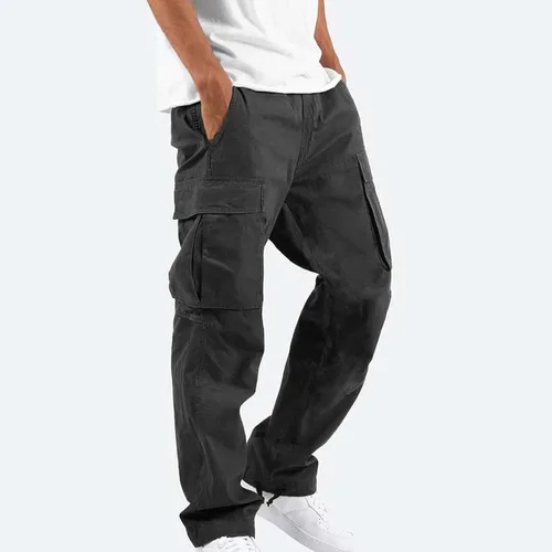 Vista 2 de Pantalones cargo para hombre, ajuste relajado, casual, delgado, playa, trabajo, calle, color caqui, pantalones holgados con bolsillos con cremallera
