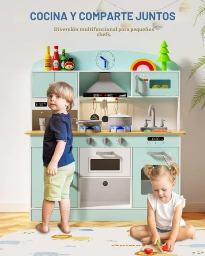 Vista 2 de Babytronic Juego de cocina de madera, cocina de simulación con luces y sonidos para niños de 3 años en adelante, incluye estufa, horno, microondas