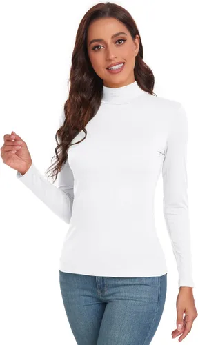 Vista 4 de ACIEMR Camisetas de manga larga con cuello alto falso para mujer, ajustadas, básicas, para mujer