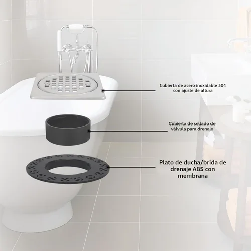 Vista 2 de Uni-Green Kit de rejilla de drenaje de ducha de níquel cepillado de 4 pulgadas, compatible con brida de drenaje Schluter Kerdi, drenaje cuadrado