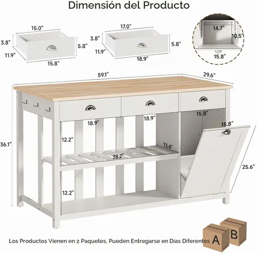 Vista 2 de ONBRILL Isla de cocina de 59 pulgadas con almacenamiento, mesa de madera maciza de goma