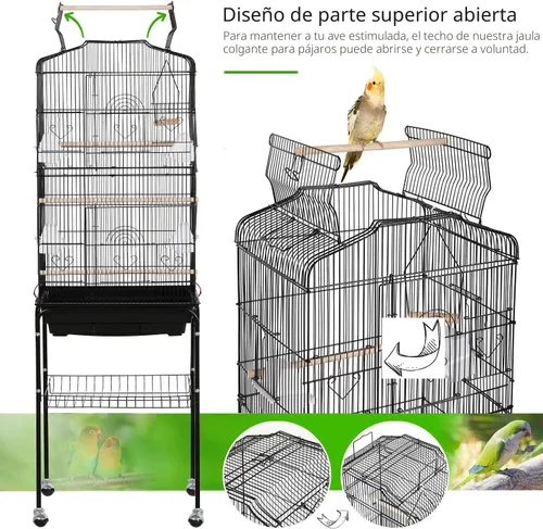 Vista 4 de Yaheetech - Jaula para pájaros con tapa abierta, 64 pulgadas, para periquitos y cacatúas, color negro Detachable Rolling Stand, Easy-clean Slide