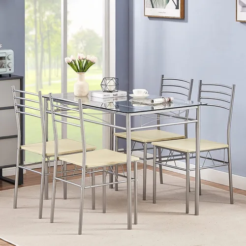 Vista 10 de VECELO juego de mesa de comedor de 5 piezas para 4 con sillas, superficie de grano de madera, espacio pequeño, cocina, desayunador, color marrón