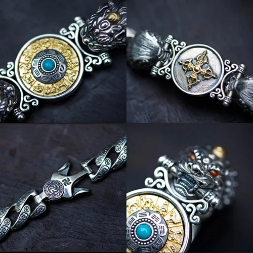 Vista 3 de Atraer la riqueza dinero y buena suerte, rueda de oración tibetana + mantra OM + pulsera Vajra Pestle, pulsera giratoria de plata de ley S925 Feng
