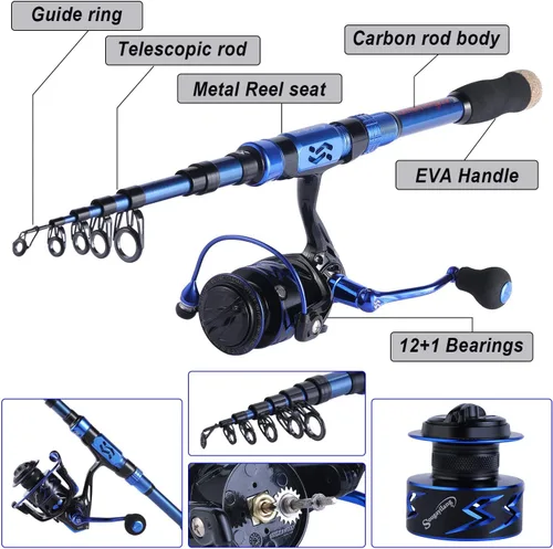 Vista 4 de Sougayilang - Combos de carretes y cañas de pescar, fibra de carbono 24 toneladas, carretes y cañas telescópica portátiles para viajes, pesca