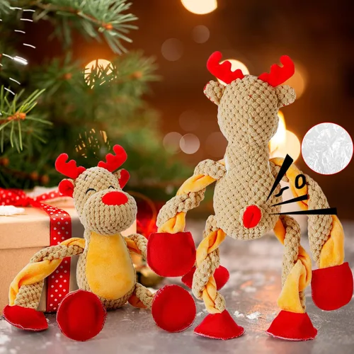 Vista 4 de Senneny Juguetes Navideños para Perros, Peluche de Reno Chirriante con Cuerdas para Tirar de la Cuerda, Juguetes de Masticar Interactivos Duraderos